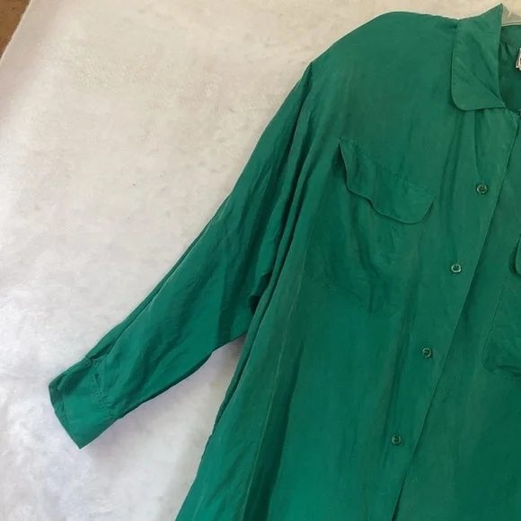 Vintage 80’s Bonjour Green Long Sleeve 100% Silk Plus Size Blouse - Picture 2 of 15